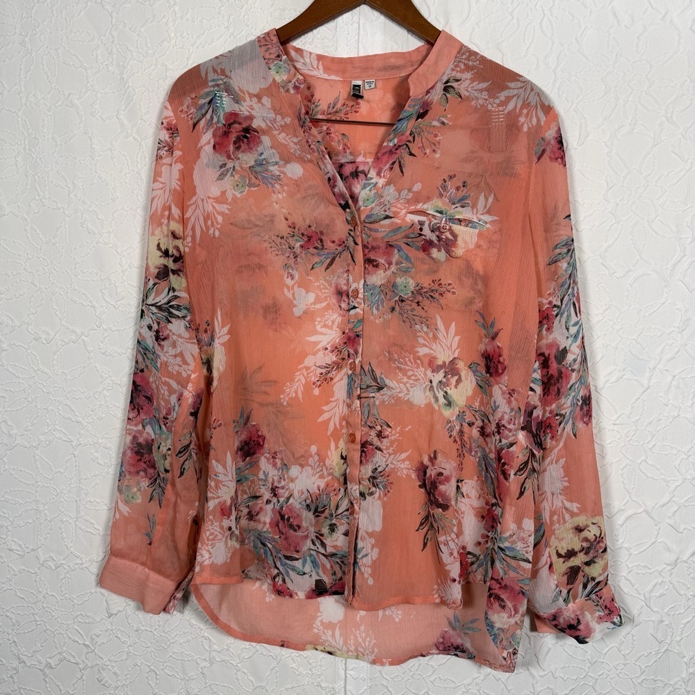 Kut From The Kloth Sheer Floral Flowy Boho Roll Sleeve Blouse Sz M
